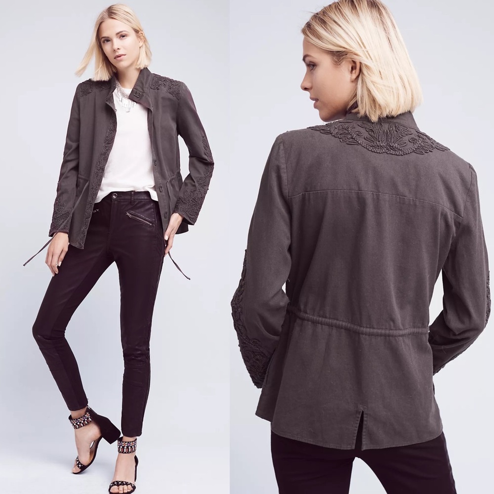 ANTHROPOLOGIE LOVE SAM TRAVIS MILITARY STYLE EMBROIDERED COTTON CARGO JACKET